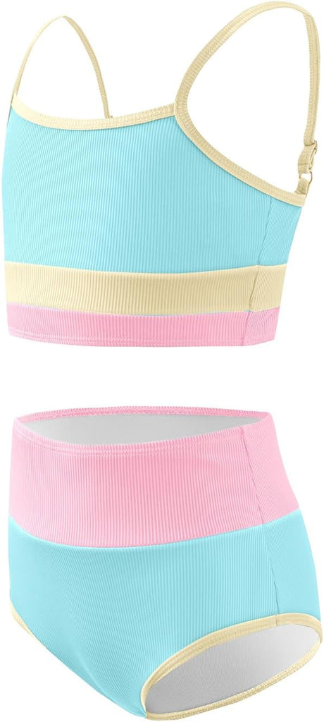 Girls Swimsuits Bikini Set Adjustable Straps Two Piece Color Block Girls' Swimwear with Chest Pad