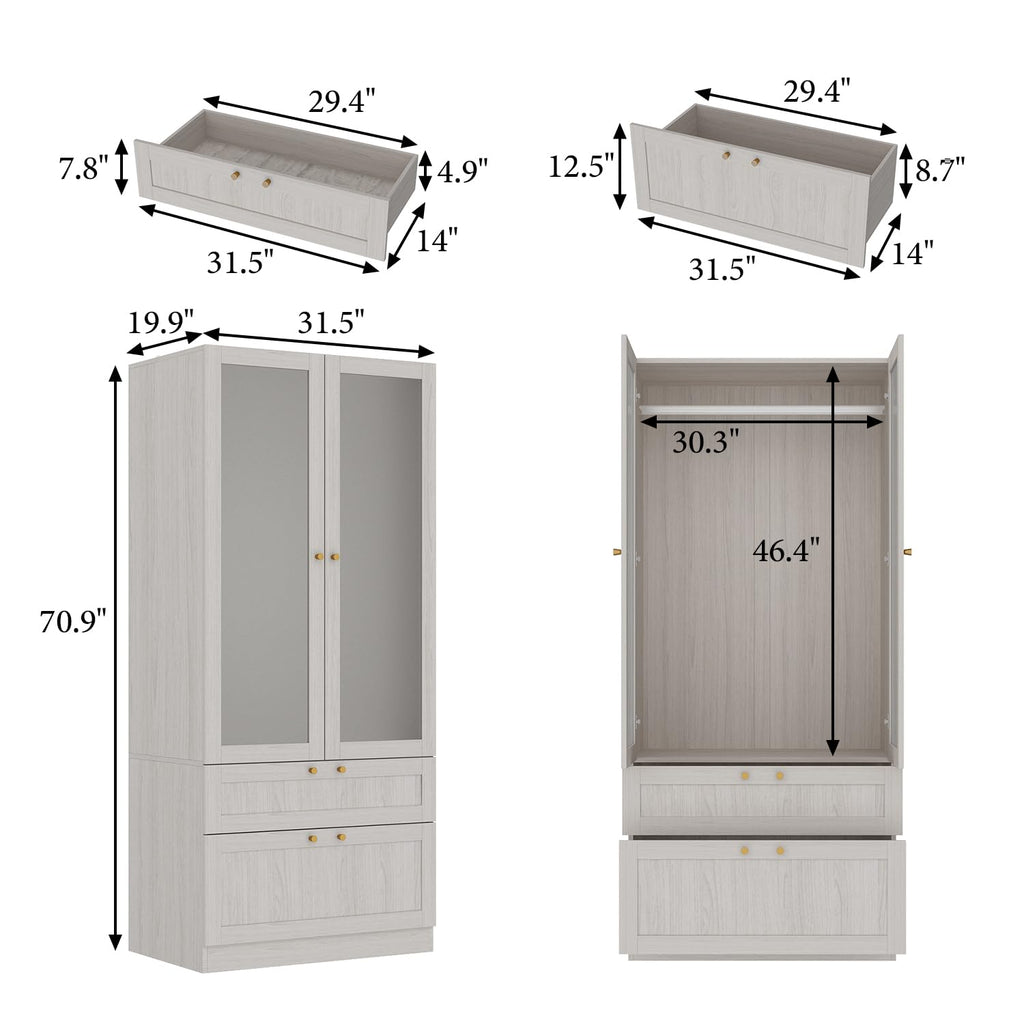 Modern Wardrobe with Drawers, Bedroom Armoires with Frosted Glass Doors and Hanging Rod, Armoire Wardrobe Closet with