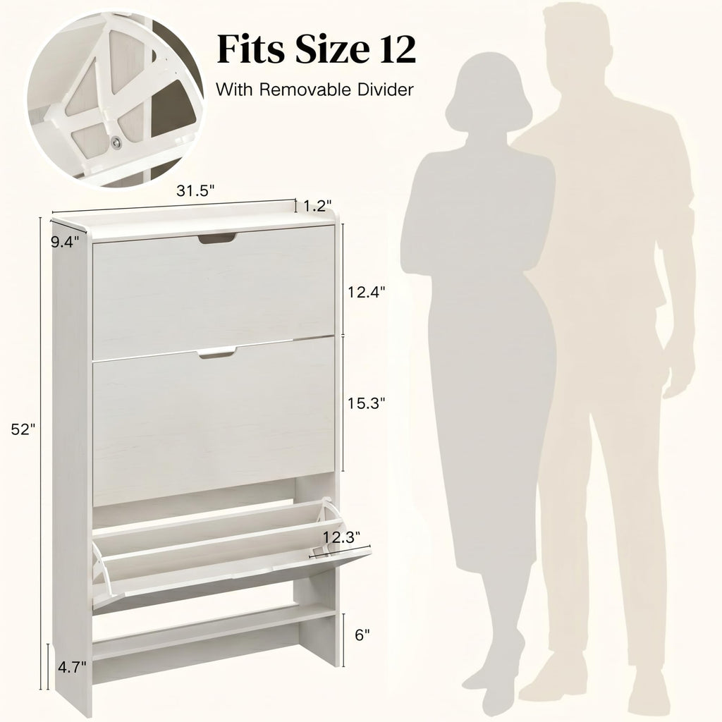 White Slim Shoe Cabinet with 3 Flip Drawers, 52" Tall Narrow Shoe Storage Cabinet, Hidden Shoe Organizer Cabinet