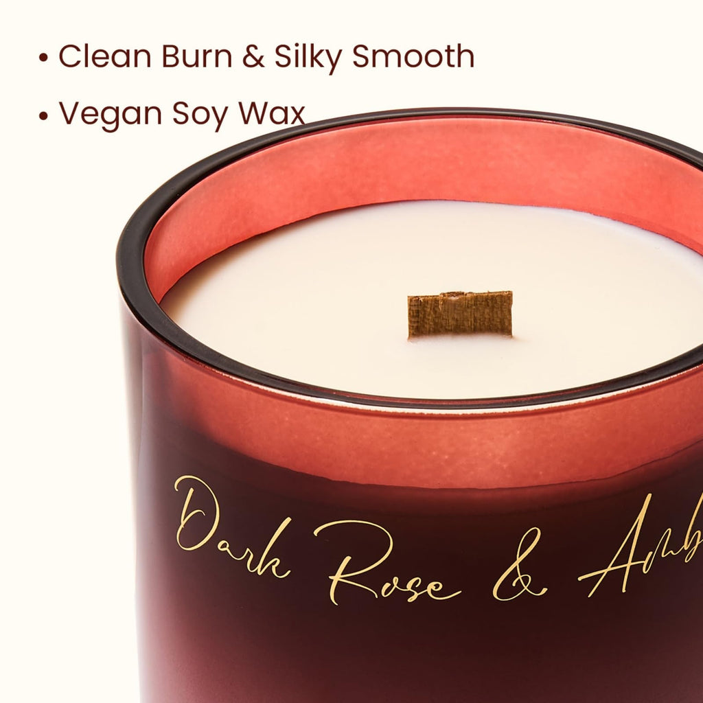 16.6oz Natural Soy Large Jar Candle with Wooden Wick | Dark Rose Amber Scent | 95-Hour Burn & Long-Lasting Burn