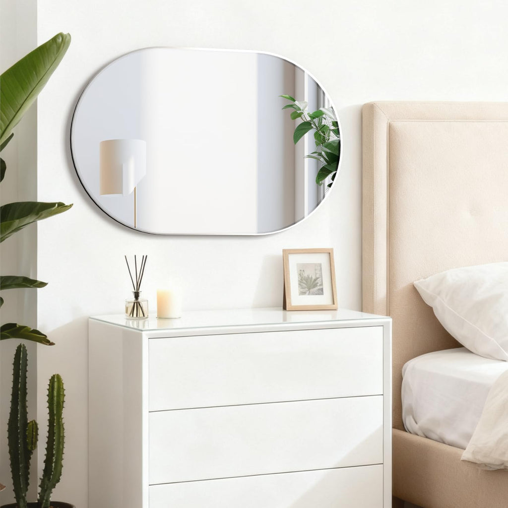 Oval Bathroom Capsule Wall Vanity, 24"x36" Pill Mirrors Wall Mounted, Large Modern with Silver Metal Frame, Decor