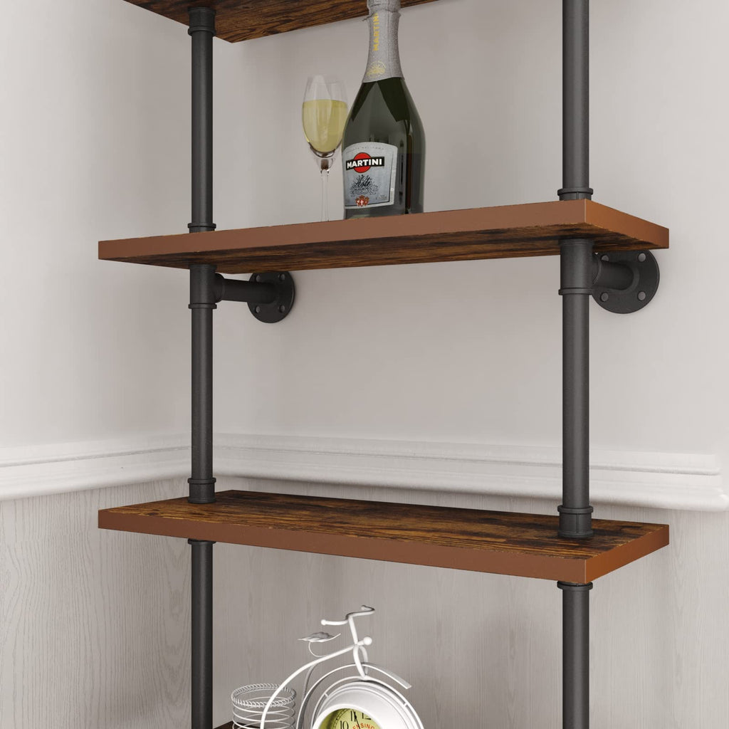Industrial Pipe Shelf Rustic Wood Wall Shelf Ladder Bookshelf Wall Mounted Storage Decor Shelf (6-Tier)-Black