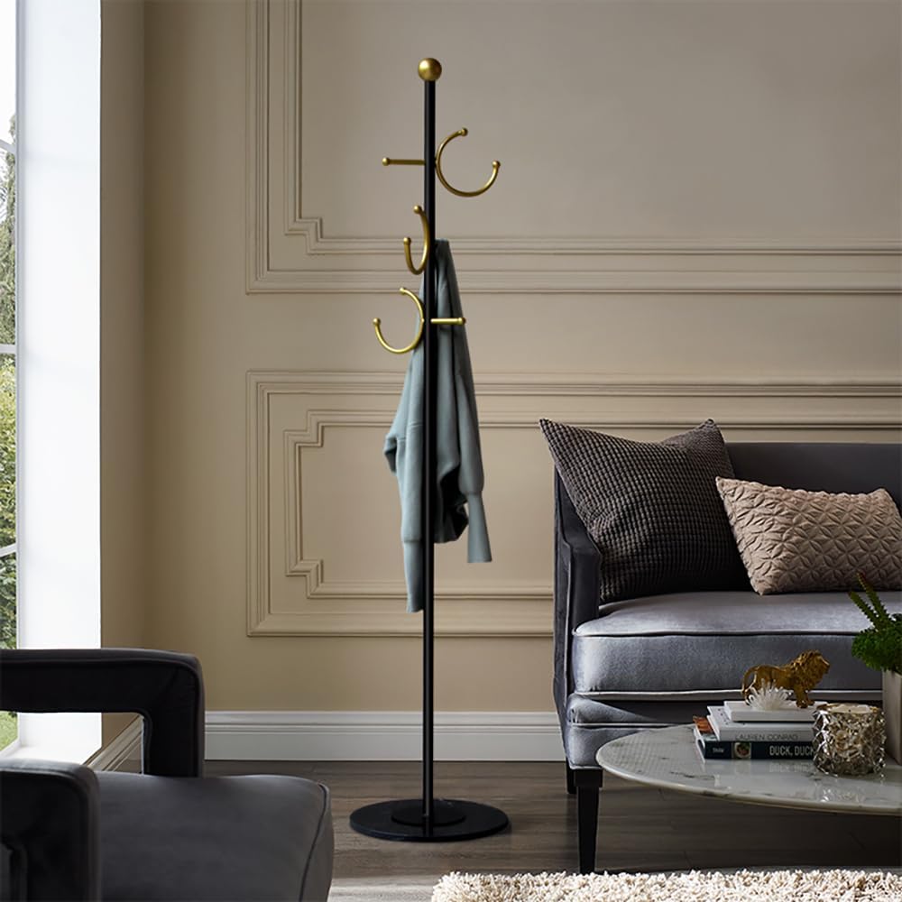 Coat Rack Freestanding Corner Coat Tree Hat Rack Stand with Heavy duty Marble Base & 6 Hooks , Hotel, Office 14.57"x
