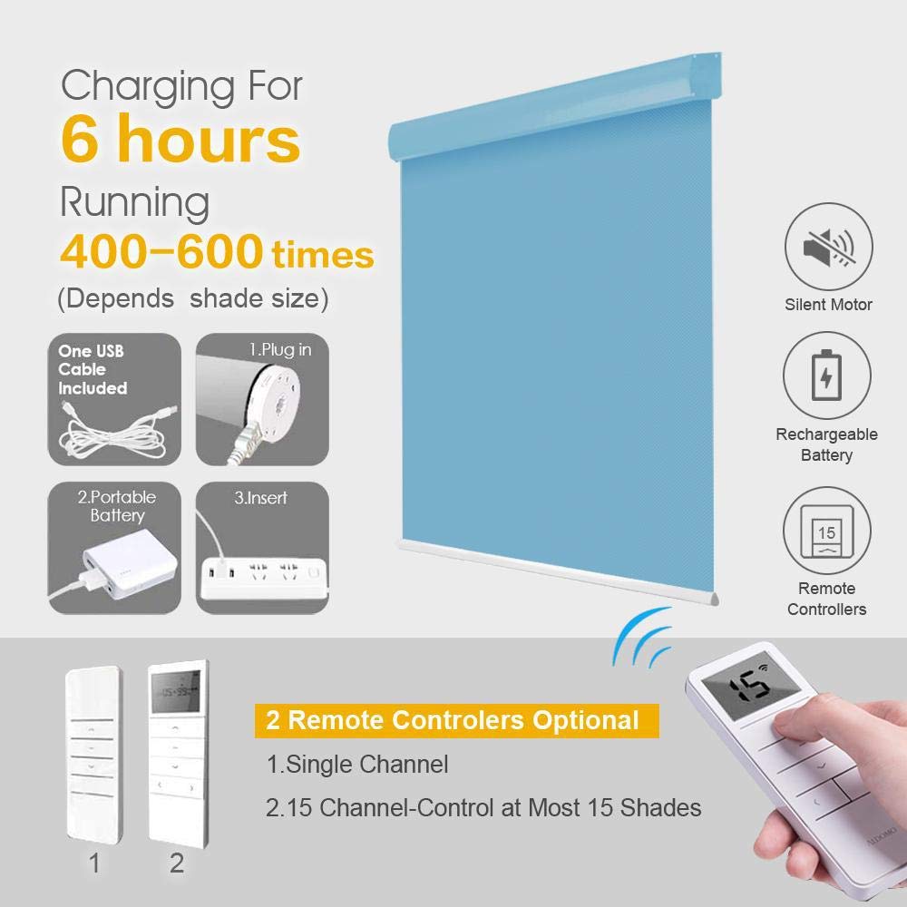 Motorized Blackout Cordless Valance Blinds, Sky Blue Remote Control Wireless and Rechargeable Window Roller Shades