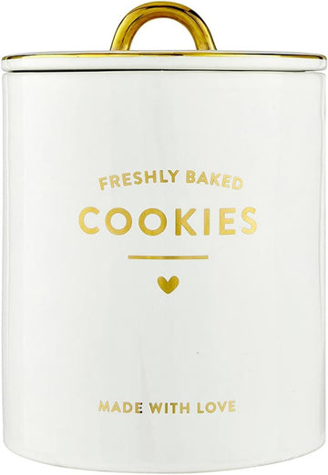 Ceramic Cookie Jar, White and Gold Foil Airtight 8" Tall, Freshly Baked Cookies