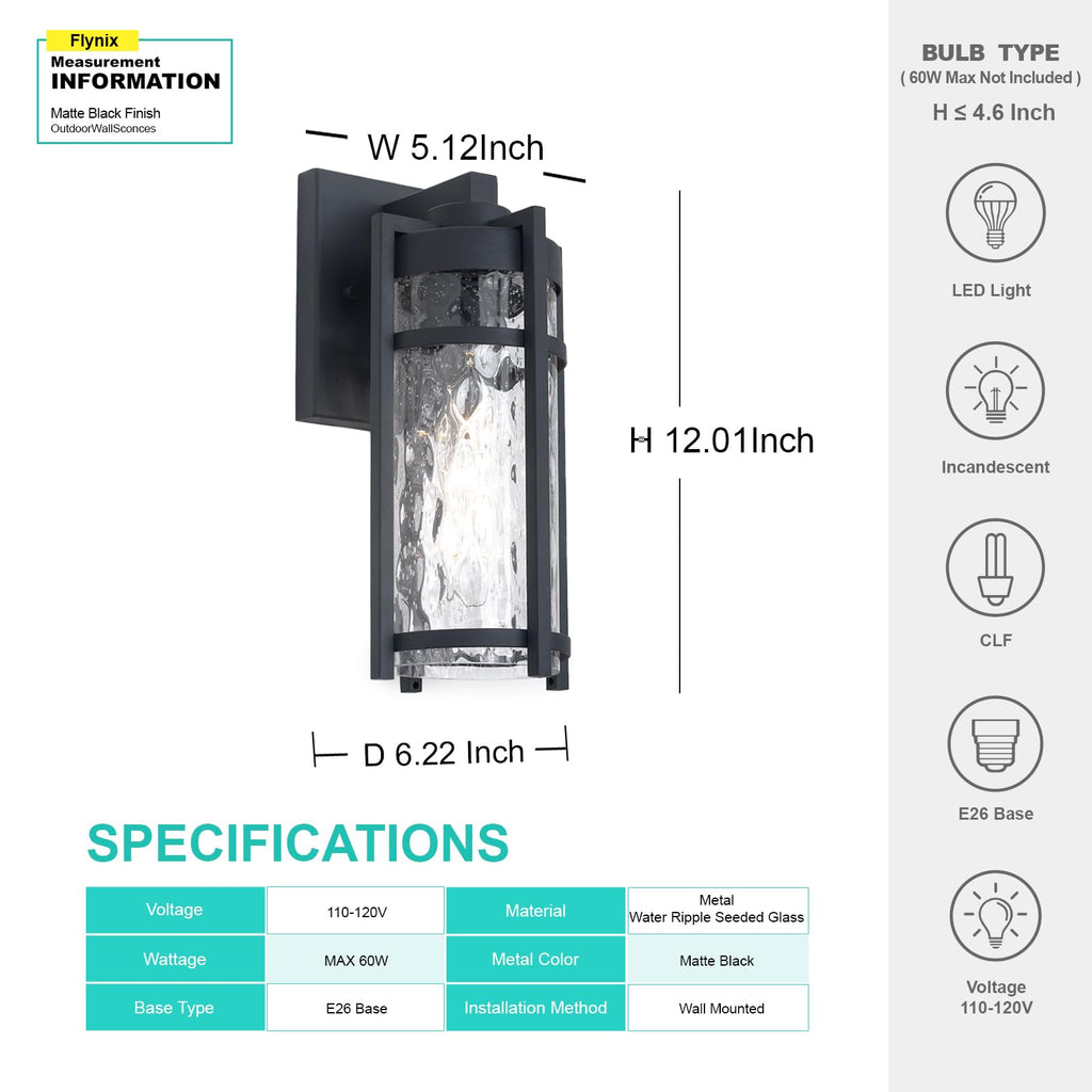 Outdoor Wall Light Fixtures, Waterproof Front Porch Light, Modern Exterior Lighting with E26 Socket, Wall Sconce