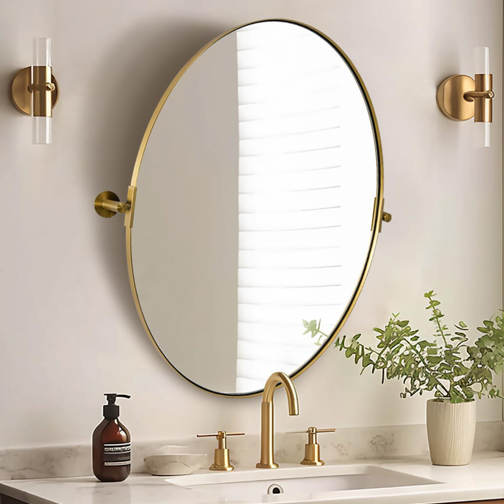 Gold Bathroom, 22" x 34" Tilting Vanity Oval for Wall, Brushed Gold Stainless Steel Metal Frame Pivot Hangs