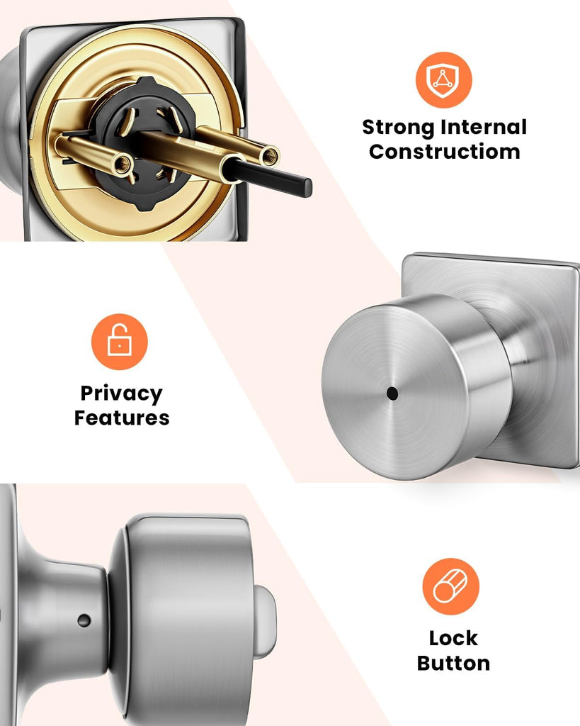 Brushed Nickel Door Knobs Interior, Privacy Door Knob with Lock Bathroom, Brushed Nickel Interior Door Knobs 8 Pack