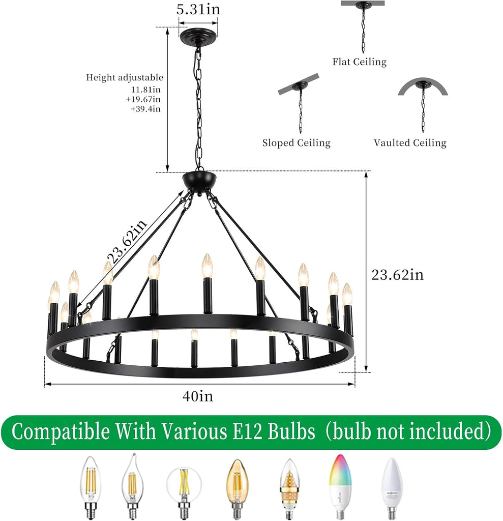 Inspired Camino Style Chandelier - Wagon Wheel Chandeliers 40Ò 20-Light, Black Modern Farmhouse Chandelier with Adjustable Height, Hanging Island Light Fixture for Dining Living Ceiling Room Outdoor A105-B0CGZQTMNP