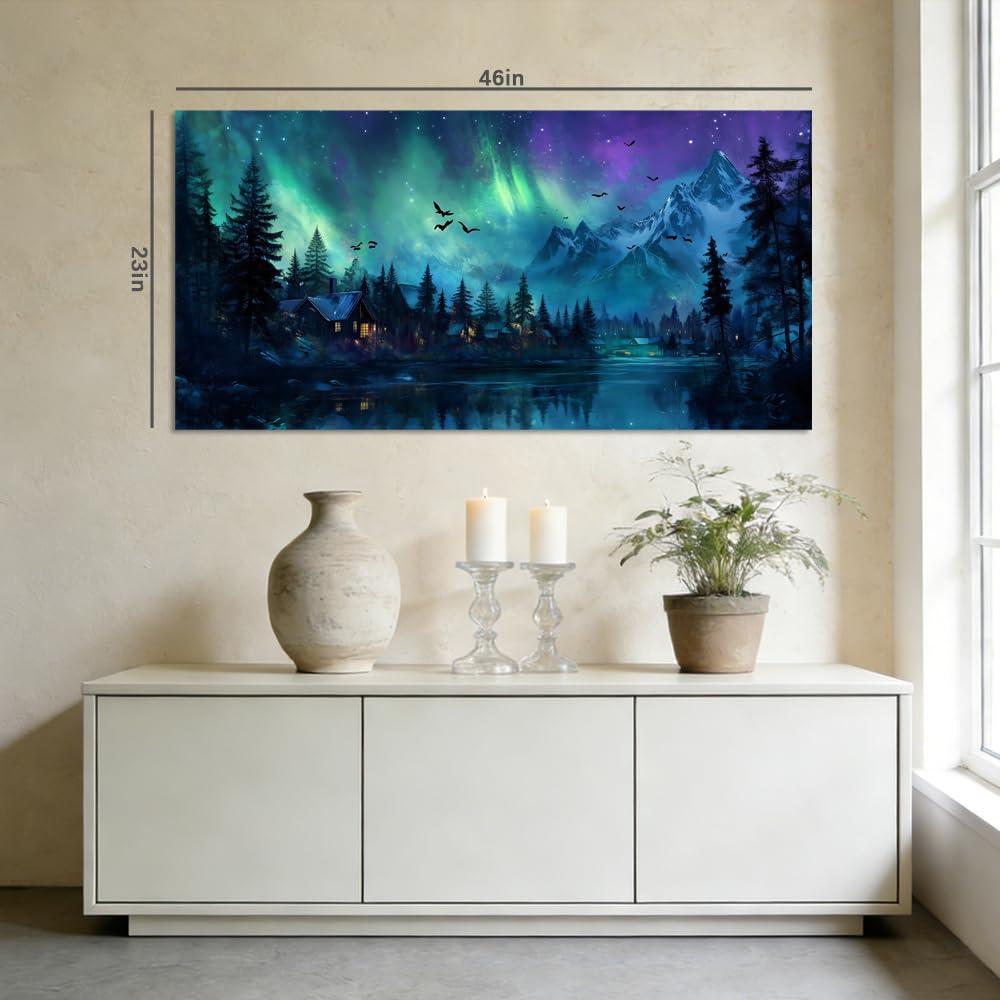 A Borealis Northern Lights Canvas Wall Art Mountain Landscape Cabin Painting Flat Print Gallery Wrapped Night Sky