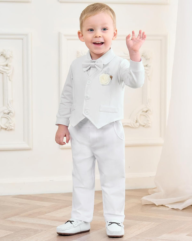 Baby Boy Clothes Suit Infant Gentleman Wedding Outfit Dress Shirt+Bowtie+Vest+Corsage+Suspender+Pants 6Pcs Set