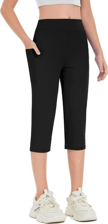 Girls Capri Pants Athletic Leggings High Waist Workout Yoga Pants with Pockets Crop Straight Trainning Pants