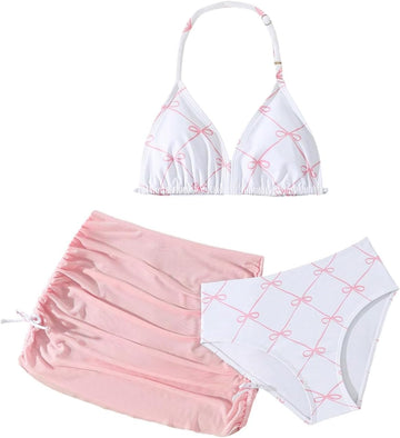 Girl's 3 Piece Cute Bow Swimsuit Halter Triangle Bathing Suits