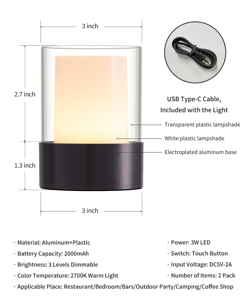 4" Black Cordless Table Lamp Set of 2, Outdoor Rechargeable Lamp