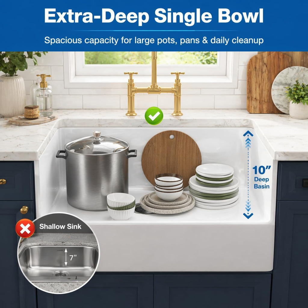36 x 18 Inch Farmhouse Kitchen Sink, White Fireclay Apron Front Single Bowl Sink, Large Deep Kitchen Sink with 304
