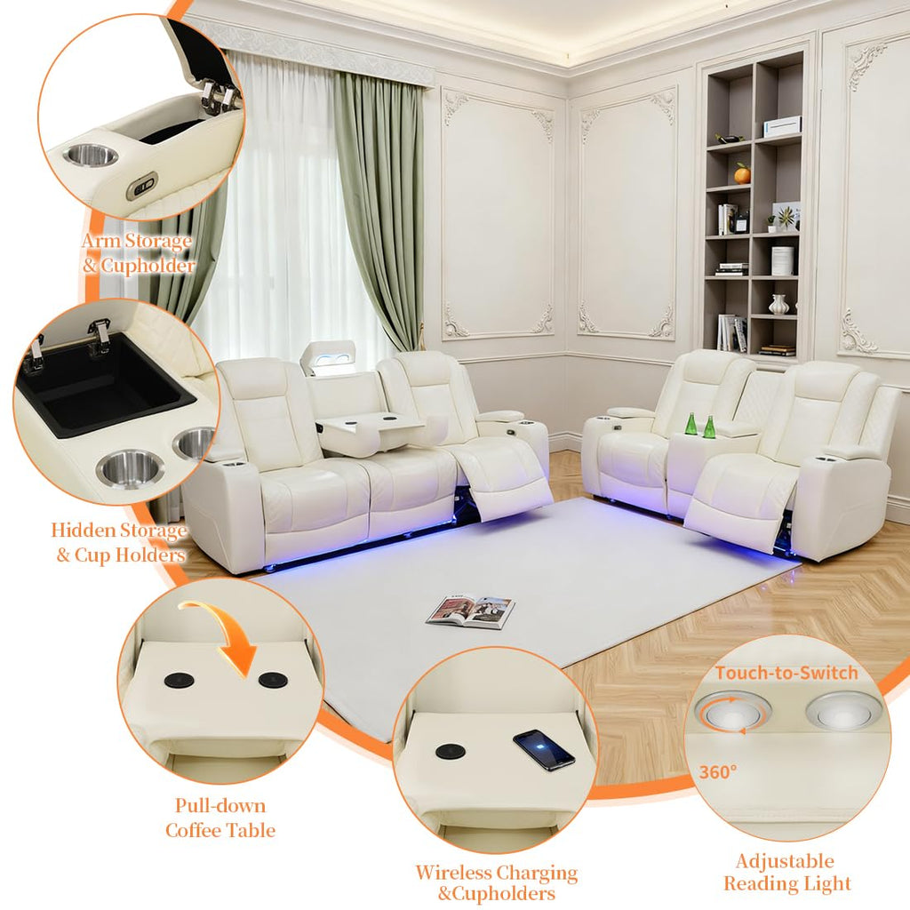 Living Room Furniture Sets with LED, Power Reclining Couch Set, Include 1 Loveseat, 3 Seat Sofa, Modern Creamy White