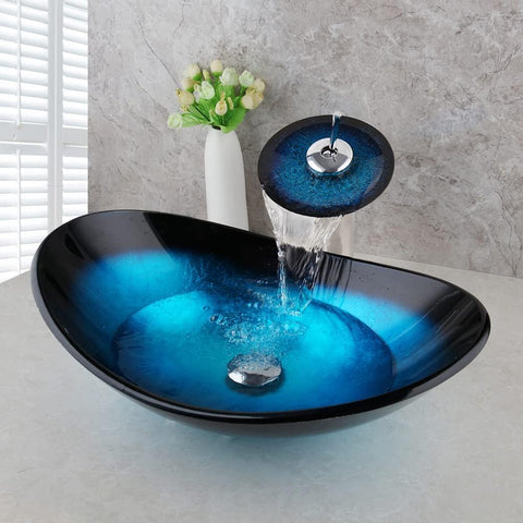 Oval Blue Glass Vessel Sink 22x14 Inch with Waterfall Faucet and Pop-Up Drain Tempered Glass Basin Top Mount Bathroom