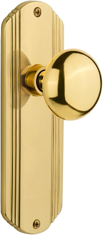 Deco Plate with New York Door Knob, Privacy - 2.375", Unlacquered Brass
