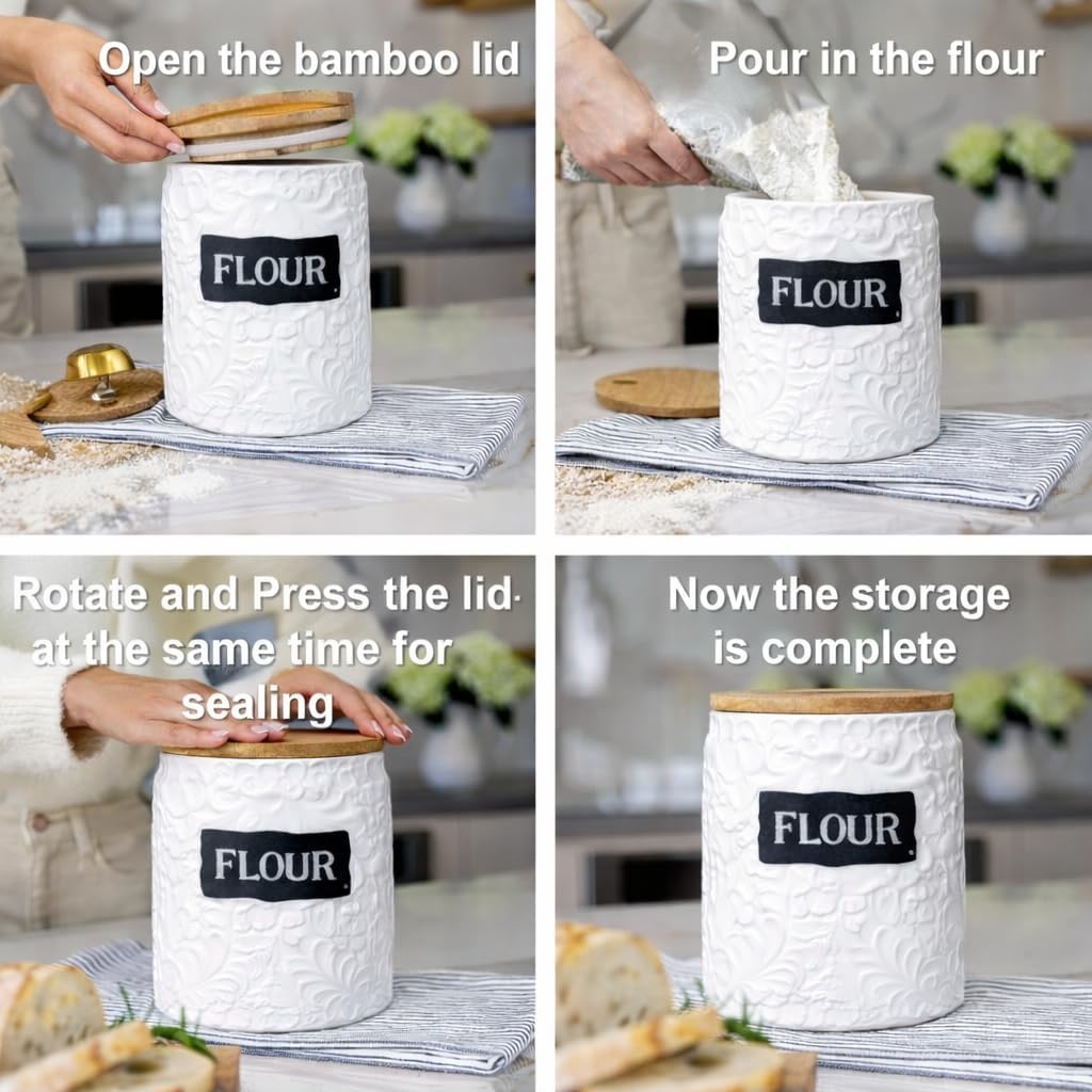 Ceramic Canister for the Kitchen (52oz/1537ml) - Airtight Kitchen Counter Storage with Bamboo Lids, Decorative Flour