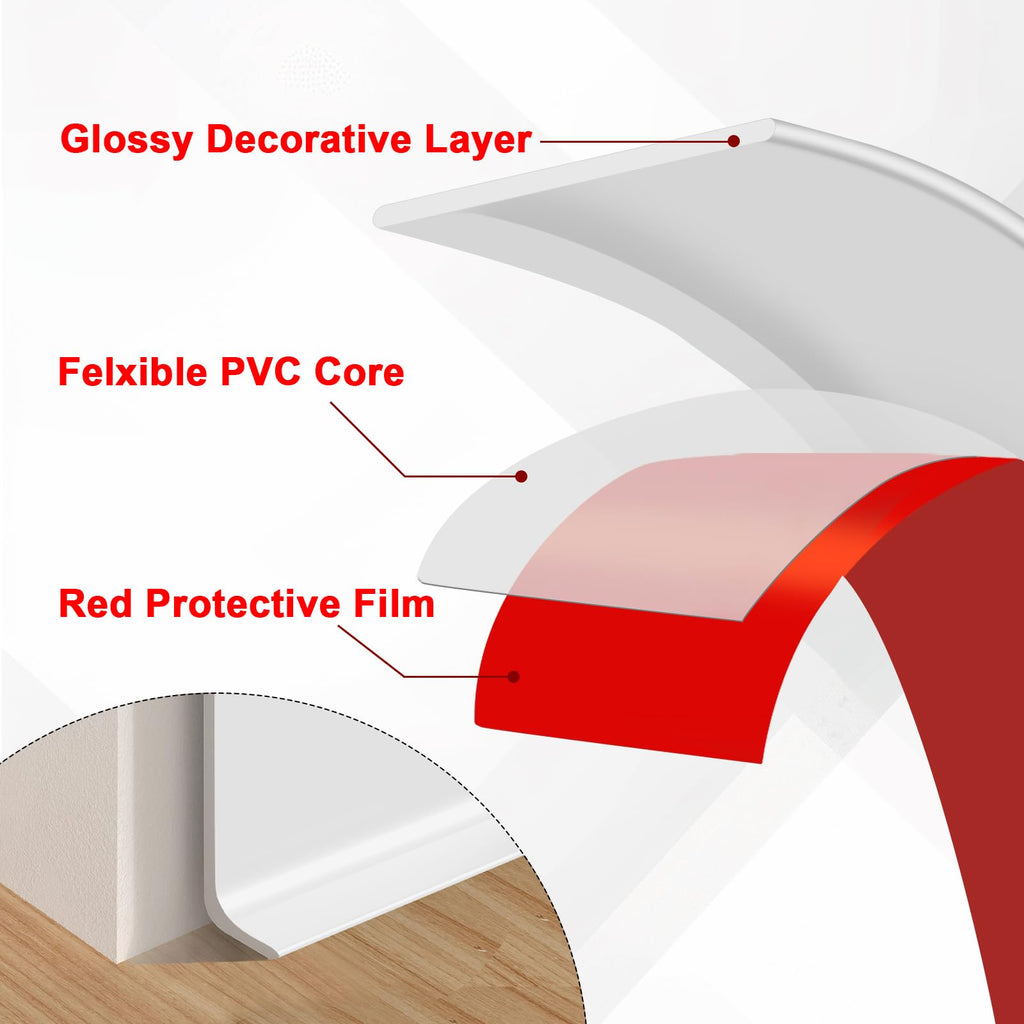 Wall Baseboard Trim 4 Inch x 20 Feet, Flexible Self-Adhesive Rubber Baseboard for Walls, Peel and Stick