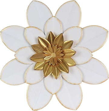 Metal Flower Wall Decor, 16" White Gold Floral Metal Wall Art Outdoor, Boho Farmhouse Modern Wall Decor, Porch