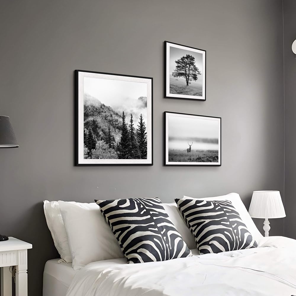 3 PCS Black White Natural Misty Mountain Gallery Framed Wall Art