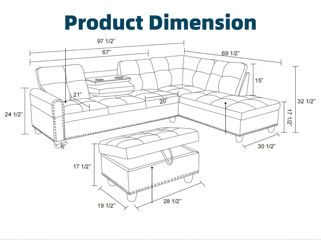Leather L-Shaped Couch Set, 97.5"L x 69.5"W Sectional Sofas Ginger