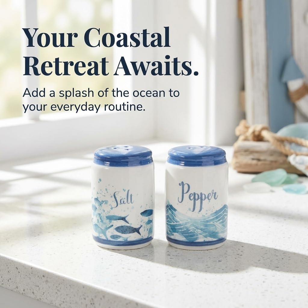 Beachy Blue Fish & Ocean Waves Ceramic Salt & Pepper Shakers - Set of 2