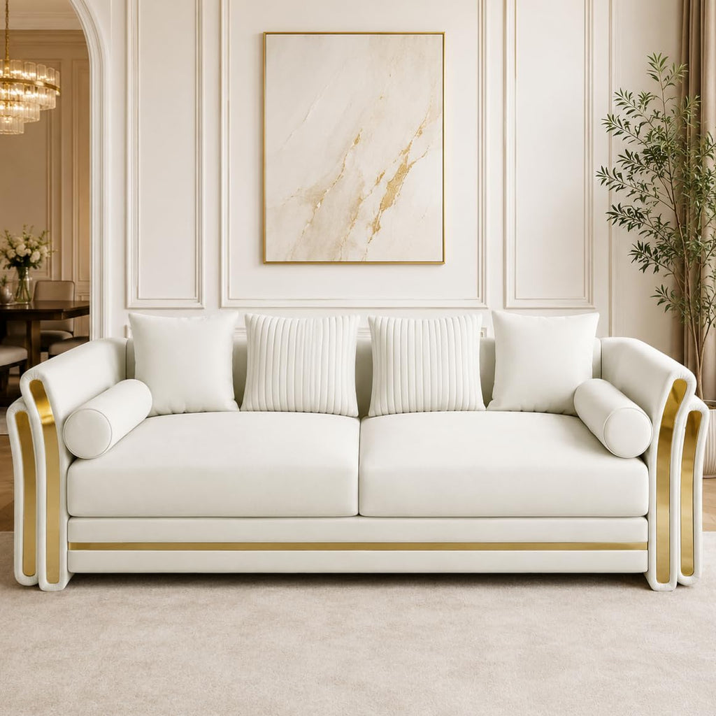 86.7" Chesterfield Sofa Luxury White and Gold Couch, White