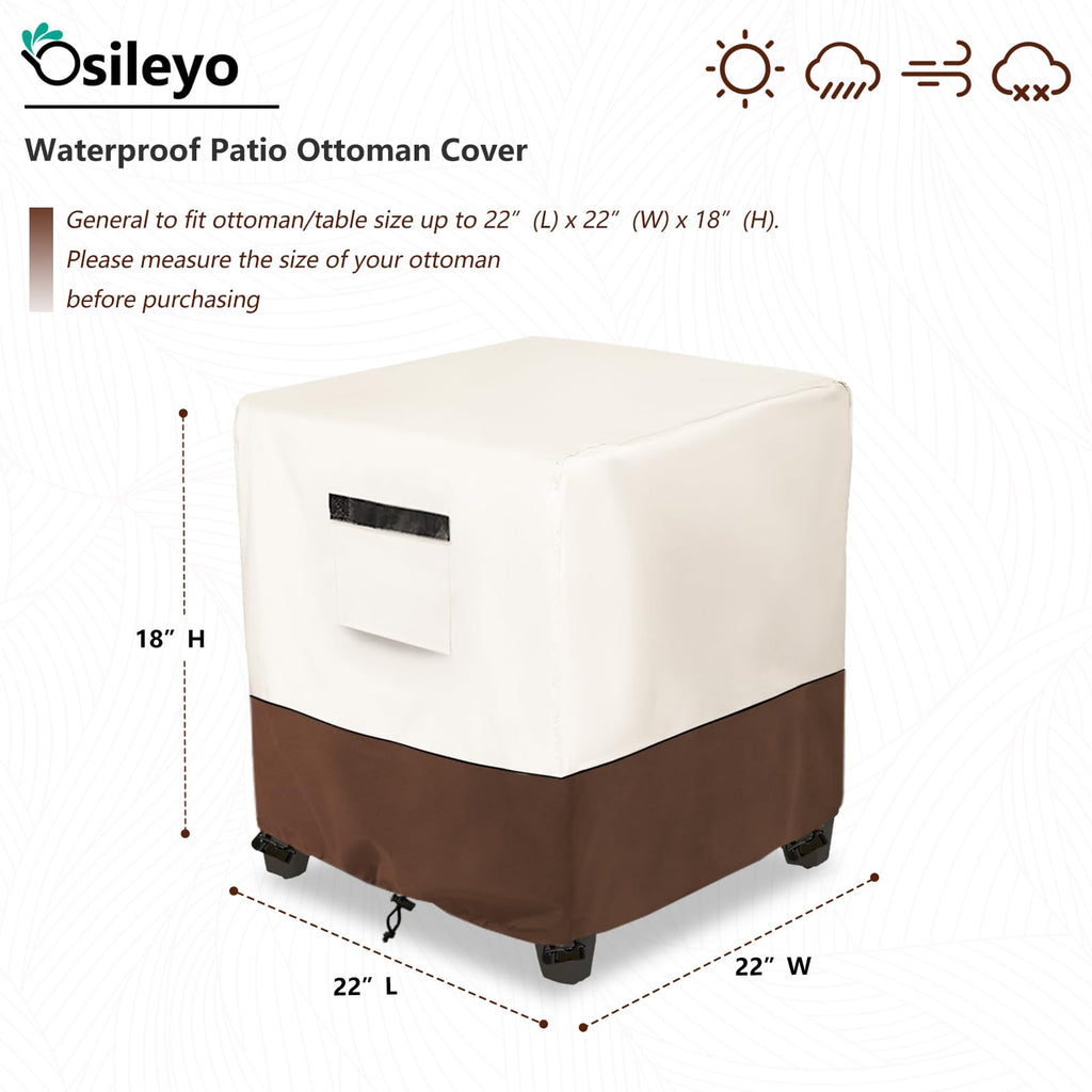 Waterproof Patio Ottoman Cover, Square Patio Small Side Table Cover, Heavy Duty Outdoor Furniture Cover Size 22L x 22W