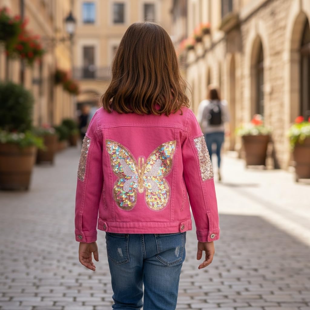 Little Big Girl Pink Denim Jacket Butterfly Sequins Outwear