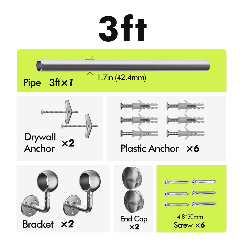 Stair Handrail Kit 3FT, Stainless Steel 304 Wall Mount Railing System, 1-11/16 Inch Pipe Secure Grab Hand Rail for