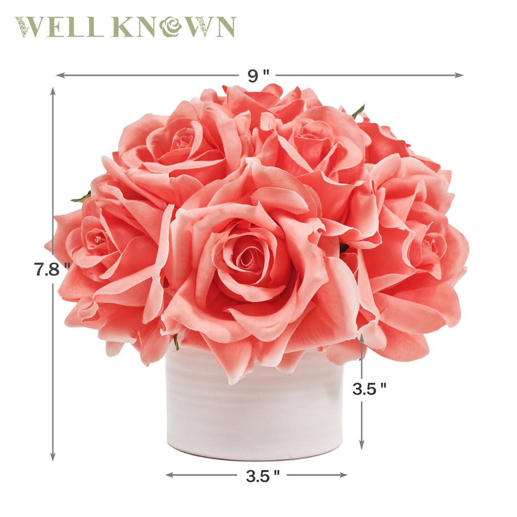 Artificial Rose Bouquet in Ceramic Vase, Silk Flower Arrangement in Pot, Real Touch Fake Flowers with White Vase for