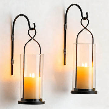 Black Candle Sconces Set of 2, with Hurricane Glass