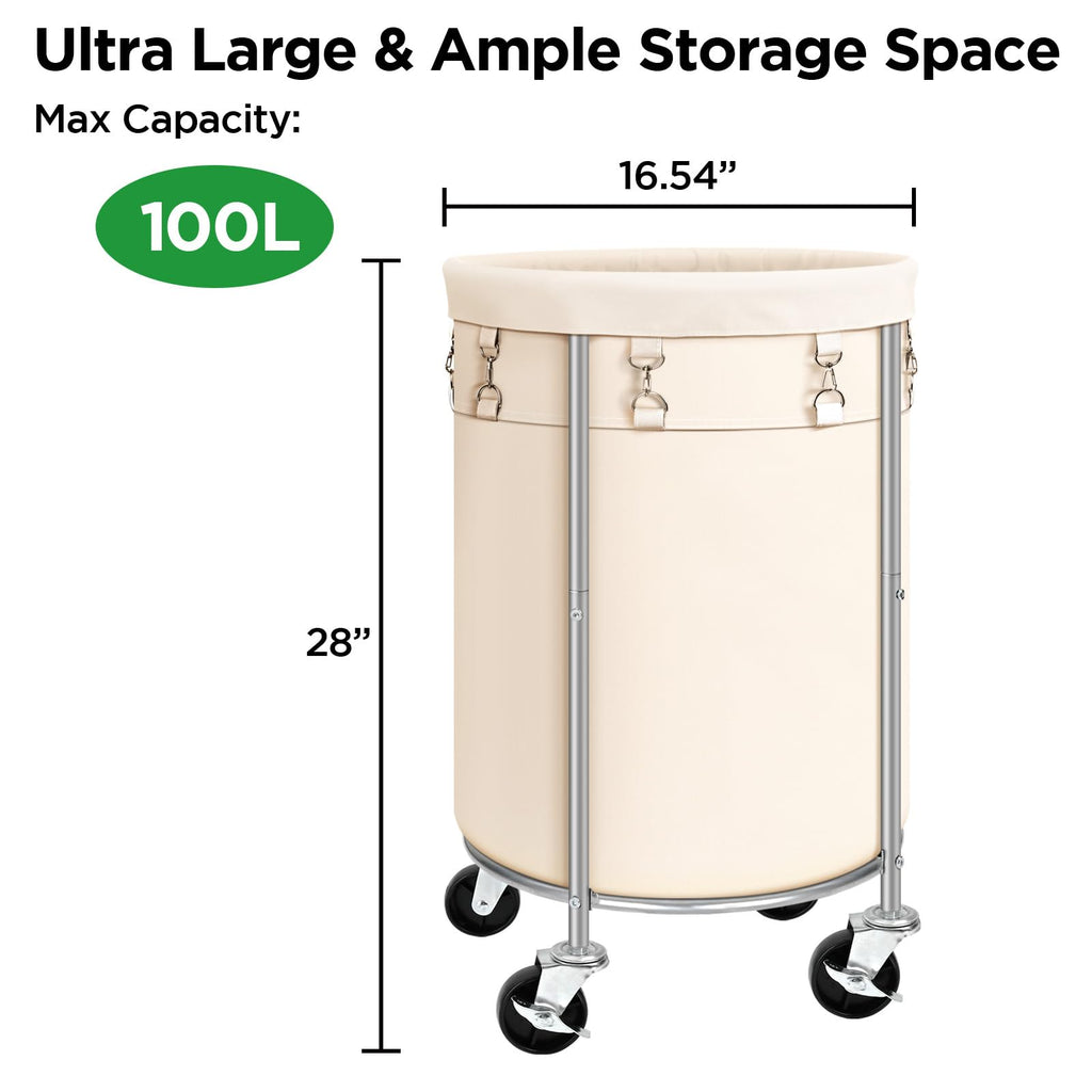 100L Round Rolling Laundry Hamper Basket with Wheels, Beige
