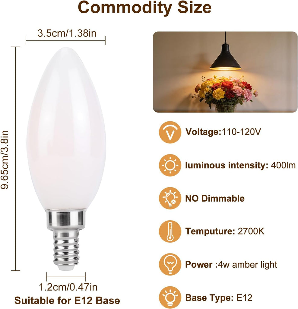 Candelabra Light Bulbs 40 watt Equivalent 4W 2700K E12 E12 Candelabra Bulb 40 watt Small Base LED Non-Dimmable 4Pack