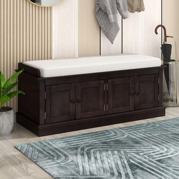 Farmhouse Storage Bench, Wood Storage Benches with Adjustable Shelves, Shoe Bench with Storage and Removable Cushion