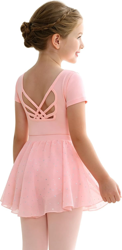 Girls Ballet Leotards Combo with Tights Skirt Removable Toddler Ballerina Dance Dresses Soft Outfit Short Sleeve