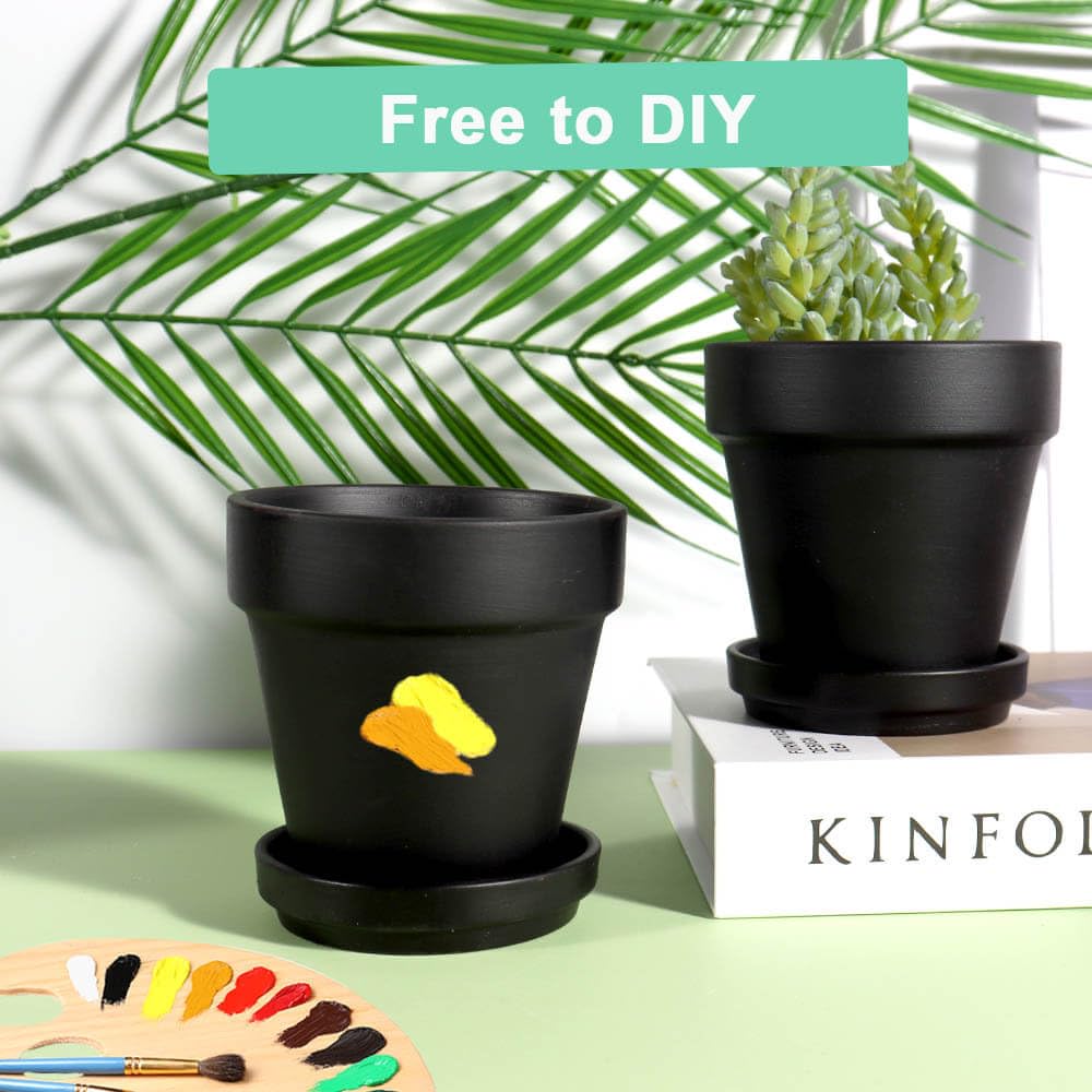 4 Inch Black Terracotta & Clay Pots with Saucer, 6 Pack