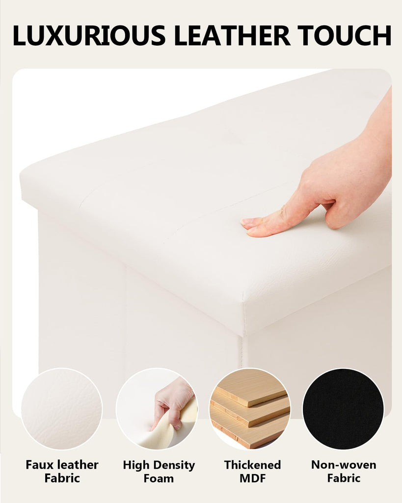 Folding Storage Ottoman Bench with Tray, Beige Faux Leather