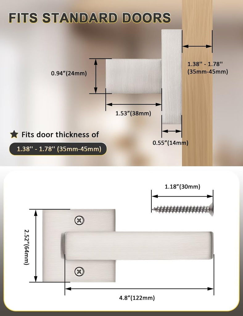 Dummy Door Handle Brushed Nickel for Left Hand and Right Hand, Mordern Square Closet Hallway Door Knob, Non-Turning