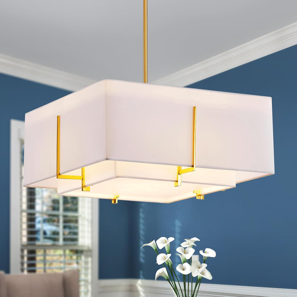 4-Light Modern Fabric Chandelier for Dining Room, Drum Pendant Light Fixture for Living Room, Bedroom, Foyer, White Shade with Gold Frame, Height Adjustable, D19xH11 A100-B0D4QZSGWT
