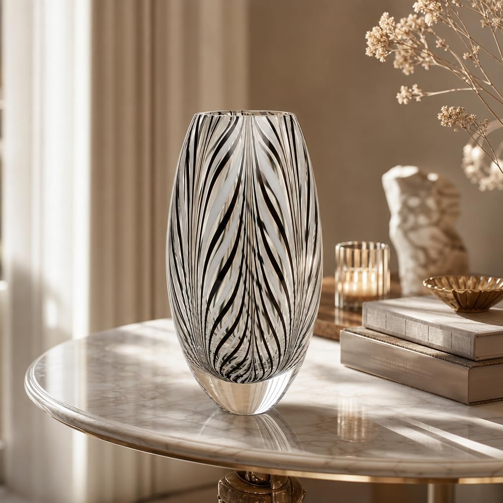 Murano Style Glass Vase Hand Blown Black and White Feather Pattern Effect | Hand Blown Glass Vase, Decorative Table