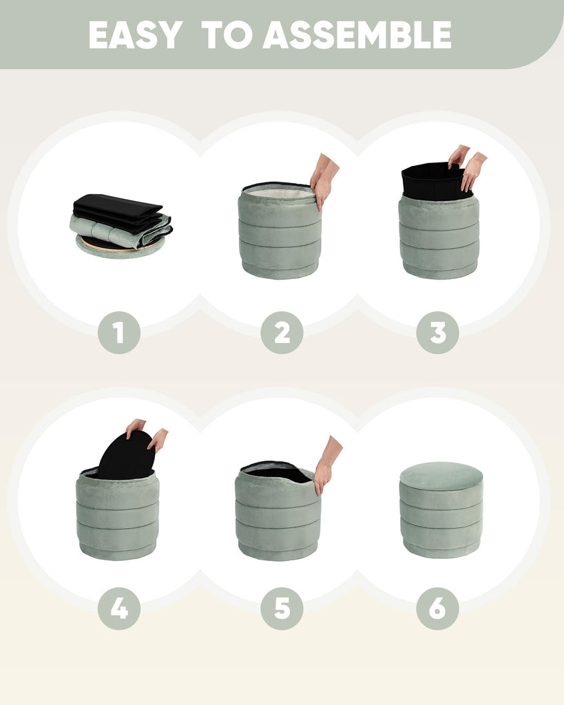 15.4" Round Velvet Storage Ottoman with Tray, Sage