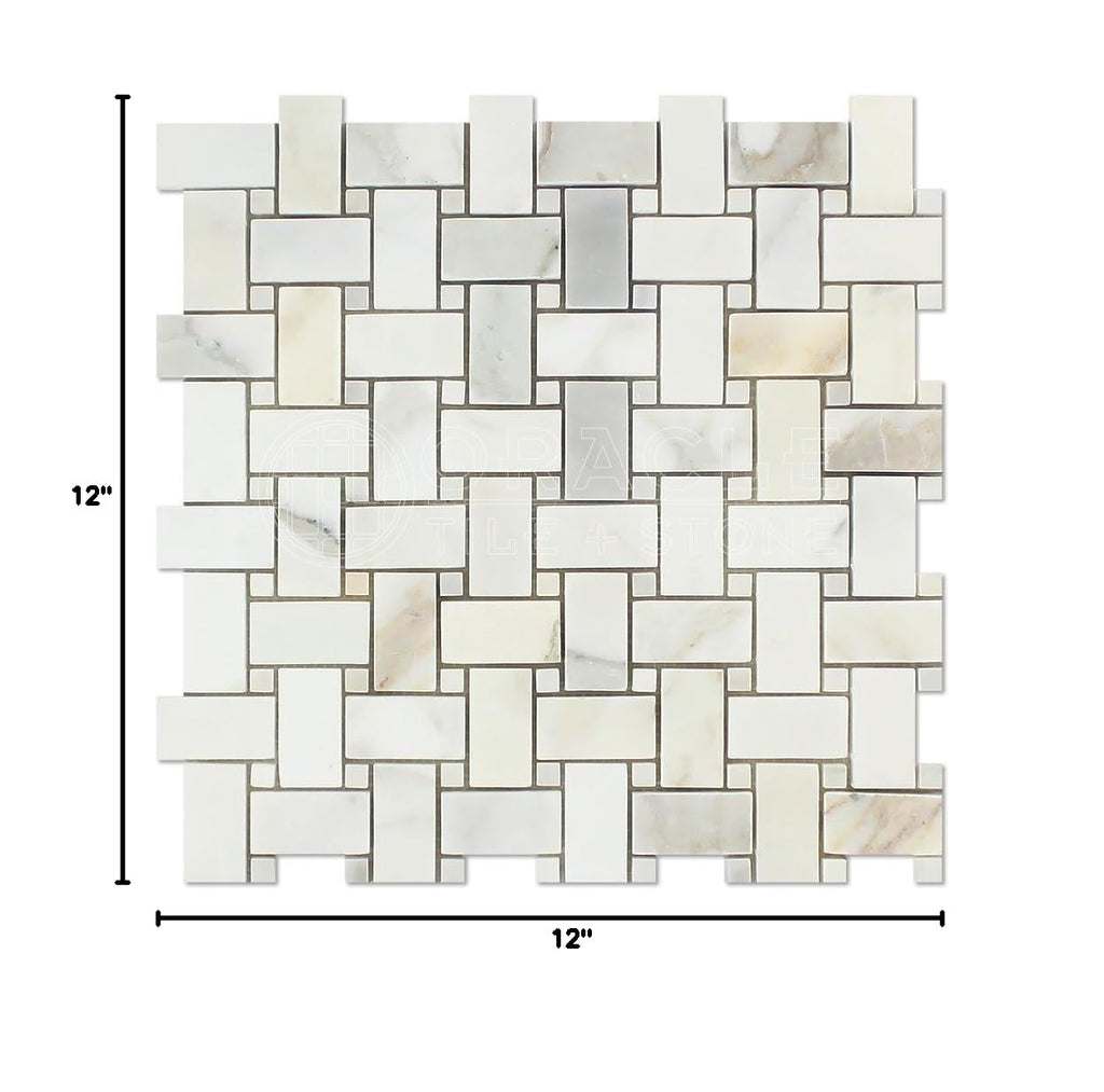 Calacatta Gold (Italian Calcutta) Marble Basketweave Mosaic Tile with Calacatta Gold Marble Dots, Honed