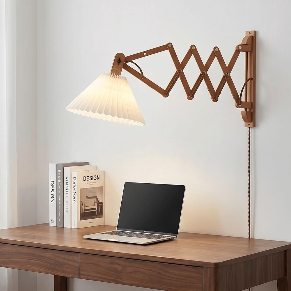 Extendable Wood Wall Sconce Lighting,Mid-Century Accordion Wall Light Fixture,Wall Lamp with Pleated Fabric