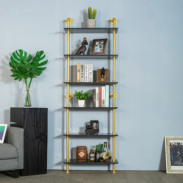 6-Tier Black Faux Marble and Gold Shelves Bookshelf Decor Industrial Pipe Shelving Metal (23.6x9.8x66.9")