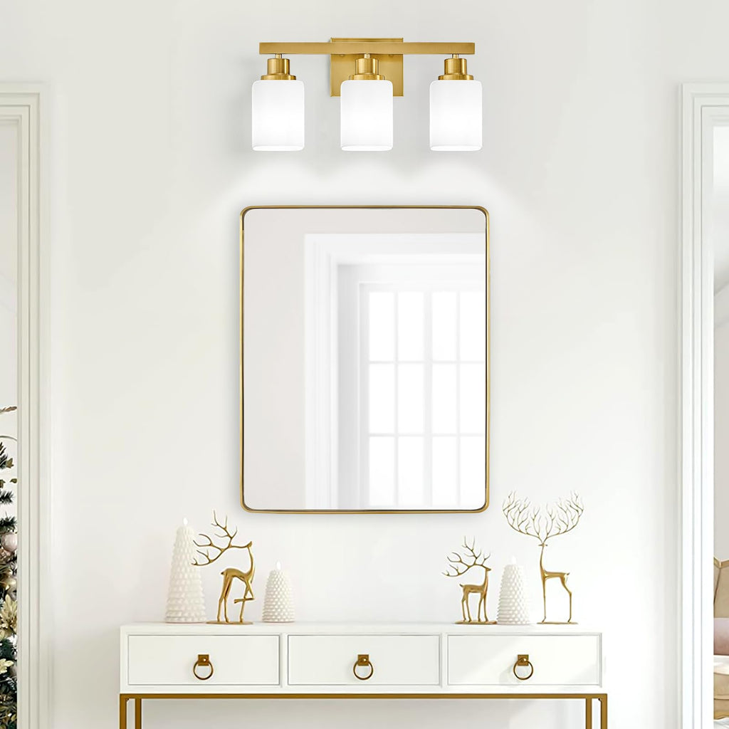Bathroom Vanity Light, 3-Light Gold Modern Bathroom Light Fixtures with Square Frosted Glass, Gold Wall Lamp Sconces