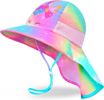 Girls Sun Hat for Kids UV Protection Unicorn Summer Hat Beach Play Hats Wide Brim Neck Flap for Girls Ponytail Hat