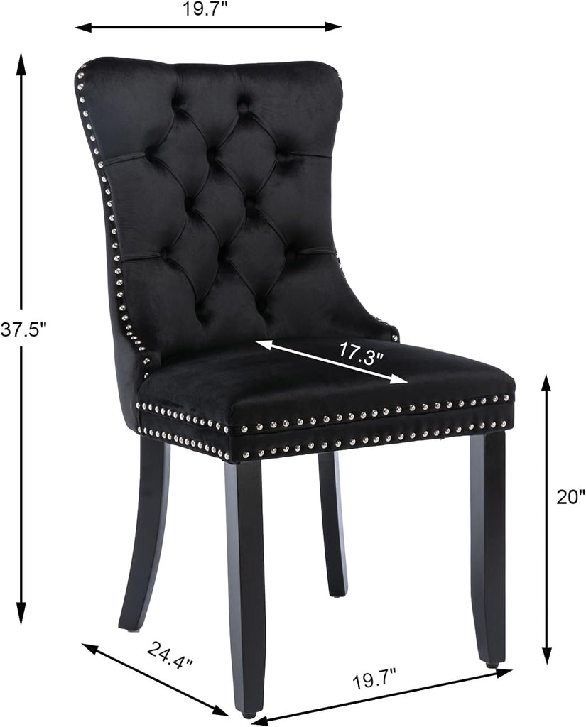 Black Velvet Dining Chairs Set of 4, Upholstered Dining Room Chairs with Back Ring Pull Trim and Solid Wood Legs
